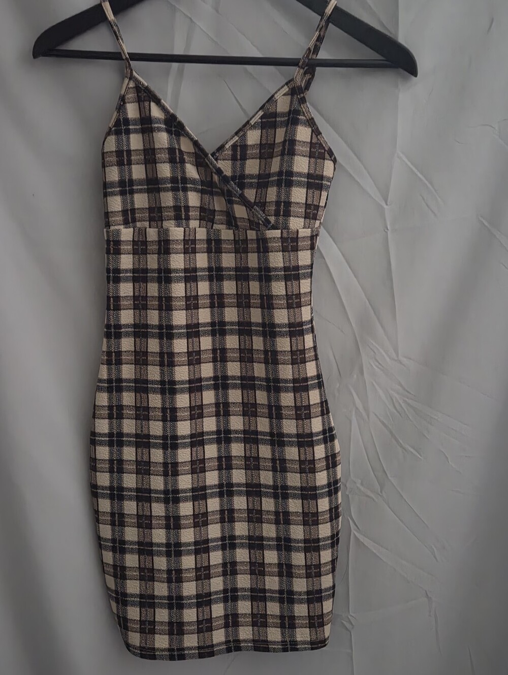 Plaid Spaghetti-Strap Bodycon Dress in Beige and Black